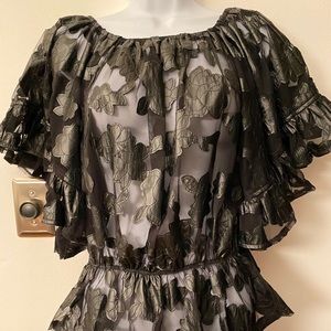 Gracia Floral Faux Leather Mesh Peplum Blouse Sz M